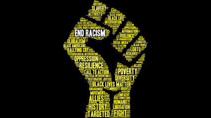 End Racism Word Cloud on a black background. 