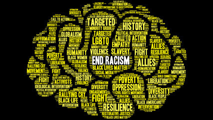 End Racism Word Cloud on a black background. 