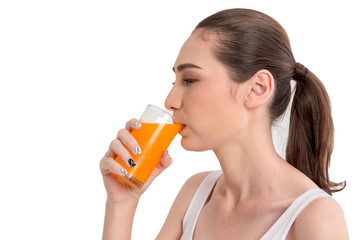 Woman holding orange juice isolated on white background