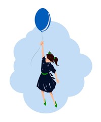 Little school Girl with a red balloon flying in the sky