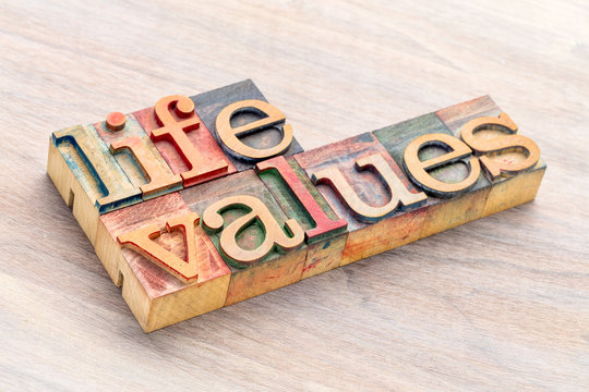 life values word abstract in wood type