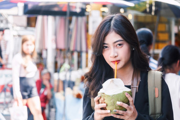 Asian woman tourist travel walk on the street