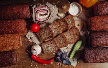 Fresh sliced bread on table close-up, 7 grain bread