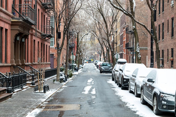 Snow covered Barrow Street in Greenwich Village, Manhattan New York City