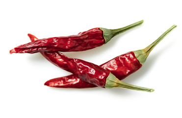 Dried red chili or chilli cayenne pepper isolated on white background cutout