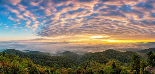 Sunrise in the mountain. At Wat Phrachao Luang Temple, Chiang Rai, Thailand, Panorama landscape shot.