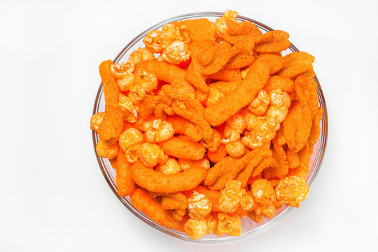 Cheese Puff and popcorn Snack orange Background 