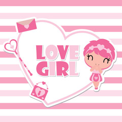 Cute girl on love frame vector cartoon illustration for Happy Valentine card design, postcard, and wallpaper