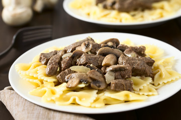 Rindfleisch mit Pilz in Cremesauce auf Farfalle Pasta, auch Boeuf Stroganoff genannt, fotografiert mit natürlichem Licht (Selektiver Fokus, Fokus in die Mitte des Gerichts)