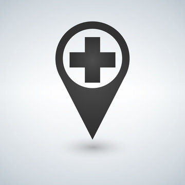 map pointer icon with cross hospital symbol position.