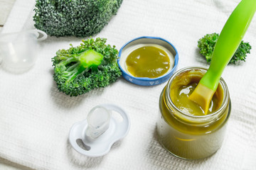 Baby food. Baby puree from broccoli.