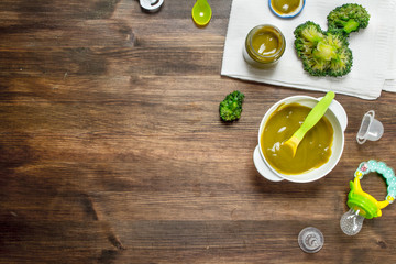 Baby food. Baby puree from broccoli.