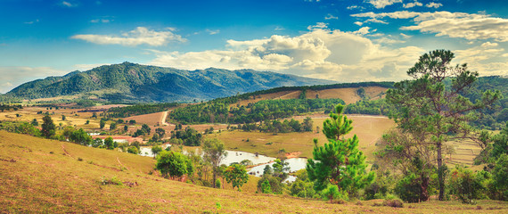  Beautiful landscape, mountain on background.Vang Vieng, Laos. Panorama