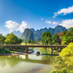 Amazing landscape of river among mountains. Laos.