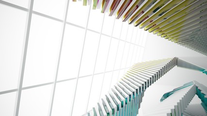 Obraz premium Abstract white and colored gradient glasses parametric interior with window. 3D illustration and rendering.