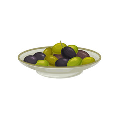 White plate of pickled black and green olives vector Illustration
