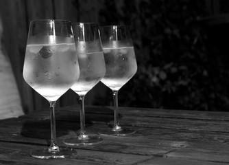 Three glasses of sparkling wine on the table in black and white.