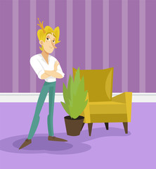 Modern prince in golden crown standing with folded hands, funny young man comic character posing on the background of living room apartment vector illustration, cartoon style