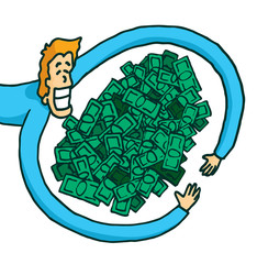 Happy rich man hugging his fortune