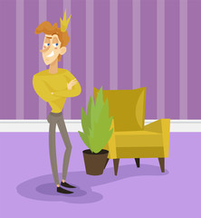 Modern smiling prince in golden crown standing with folded hands, funny young man comic character posing on the background of living room apartment colorful vector illustration