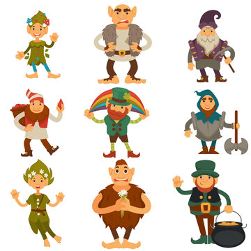 Gnomes, dwarfs or elf and leprechaun cartoon magic characters vector isolated icons