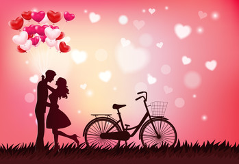 Cute couple in love hugging, staring at each other's eyes and holding heart balloons, beautiful blur background,flat-style vector illustration.