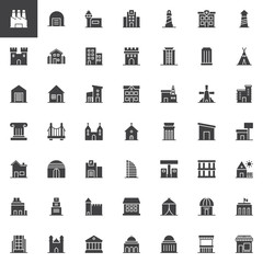 Buildings vector icons set, modern solid symbol collection, filled style pictogram pack. Signs, logo illustration. Set includes icons as factory, warehouse, airport, hospital, lighthouse, castle