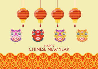 Happy chinese new year with Dancing lions and lanterns