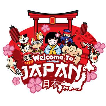 greeting welcome to japan with cute style cartoon