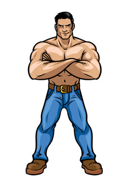 hand drawn cartoon illustration of an anime fitness muscle boy ilustração  do Stock