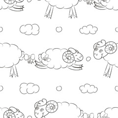 Funny sheep flying in the clouds. Cheerful seamless pattern background. Vector illustration.