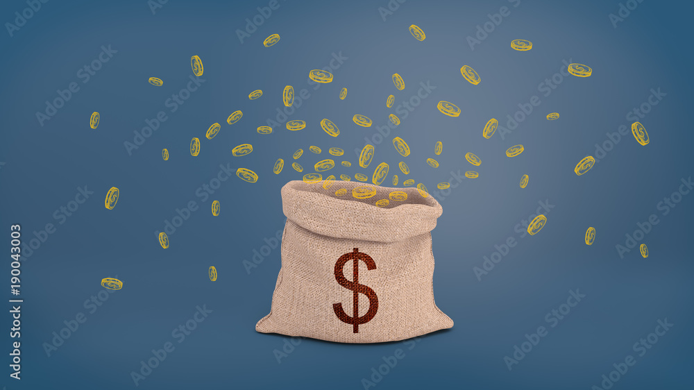 Poster 3d rendering of a open hessian sack with a dollar sign stands on a blue background while many drawn 
