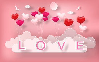 Beautiful heart shaped balloons floating in sky with love letter, paper art style, flat-style vector illustration.