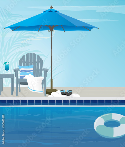 Relaxing Tropical Swimming Pool And Beach Chairs In Blue And