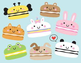 Vector illustration of cute macarons with animal faces including unicorn, panda, rabbit, bunny, bear, cat, dog, bee.
