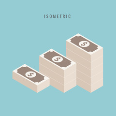 Big stacked pile of cash. Hundreds of dollars. Flat style isometric illustration. vector.