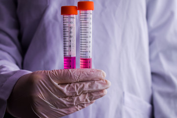 A woman holding test tubes containing purple sample 3