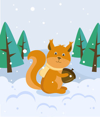 Squirrel with an acorn on the background of the forest. Vector illustration.