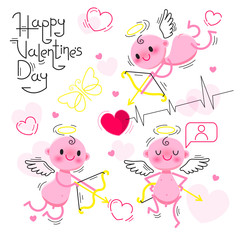 PrintSet Wedding and Valentines Day design elements. Little cute cupids isolated on white background. Vector illustration.