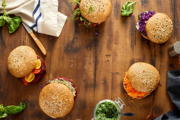Healthy food concept. Frame of set vegetarian burgers
