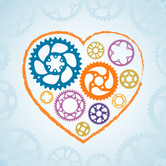 Valentine holiday template for banner, postcard and web decoration. Colorful vector silhouette gears and cogs in heart shape grunge frame. Love symbol with violet and blue color in trendy style.