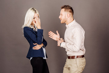 boss yelling at woman after for disagreement, misunderstanding or unfair treatment in workspace....