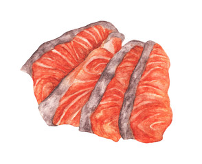 Watercolor hand drawn piece of red fish fillet, Fresh Salmon sashimi. Isolated fresh seafood illustration on white background