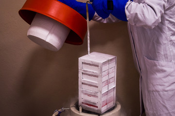 An opened liquid nitrogen tank in a research lab with a woman holding cell stock 3