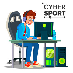 Cyber Sport Player Vector. Participant Of Cyber Sport Tournament. Event. Esport Event Poster Concept. Isolated Flat Cartoon Character Illustration
