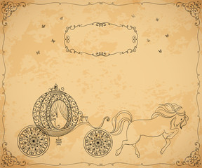 Vintage carriage with horse and frame with floral ornament on aged paper background. Isolated object. Hand drawn vector illustration
