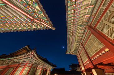 Roof of Gyeongbokgung palace at night in Seoul,South Korea.