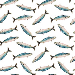 Watercolor hand drawn illustration seamless pattern with mackerel fish isolated on white