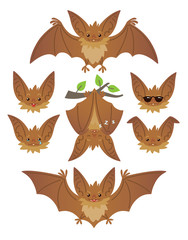 Bat in various poses. Flying, hanging. Brown bat-eared snouts with different emotions. Illustration of flat animal emoticons on white background. Cute mascot emoji set. Halloween smiley. Vector.