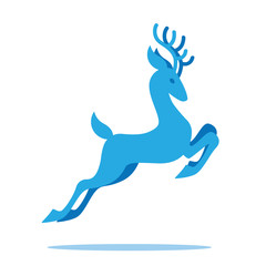 Graceful deer with antlers jumping and grazing. Vector illustration of  blue fairy deer silhouette in flat style on white background.